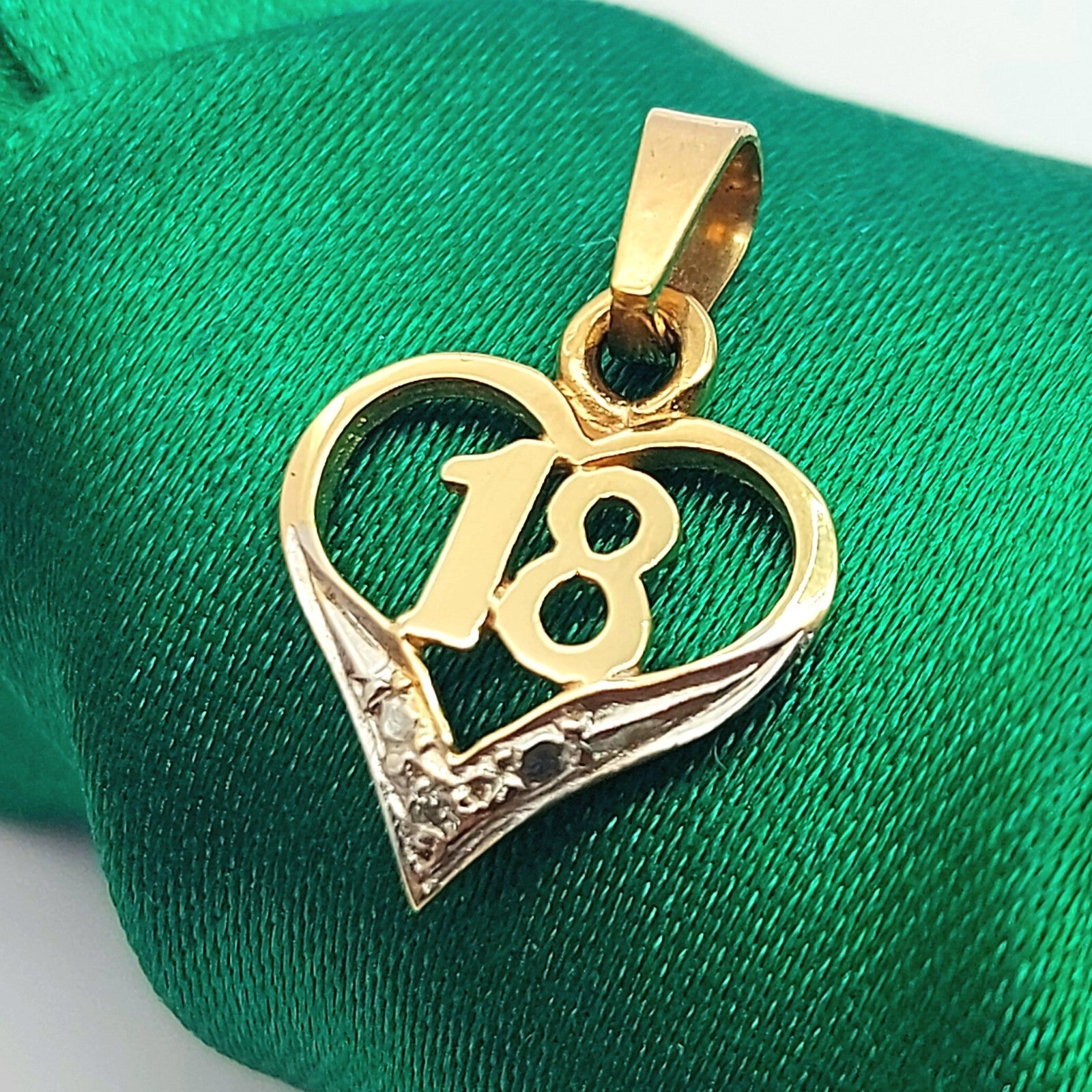 Ladies Yellow Gold 9ct (375, 9K) '18' Heart And Natural Diamond Chip Pendant