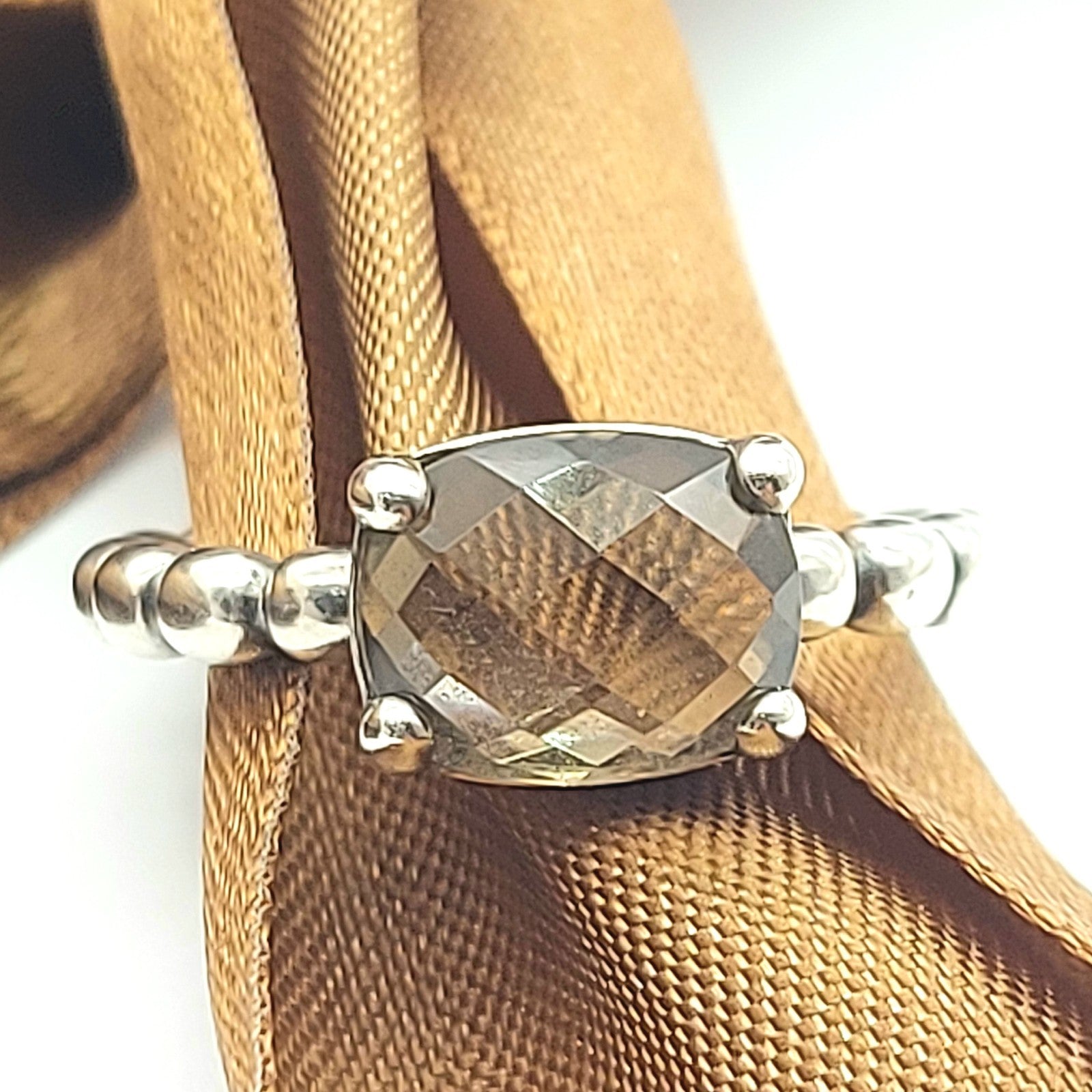 Sterling Silver (925) PANDORA (ALE) Smoky Quartz Beaded Band Ring