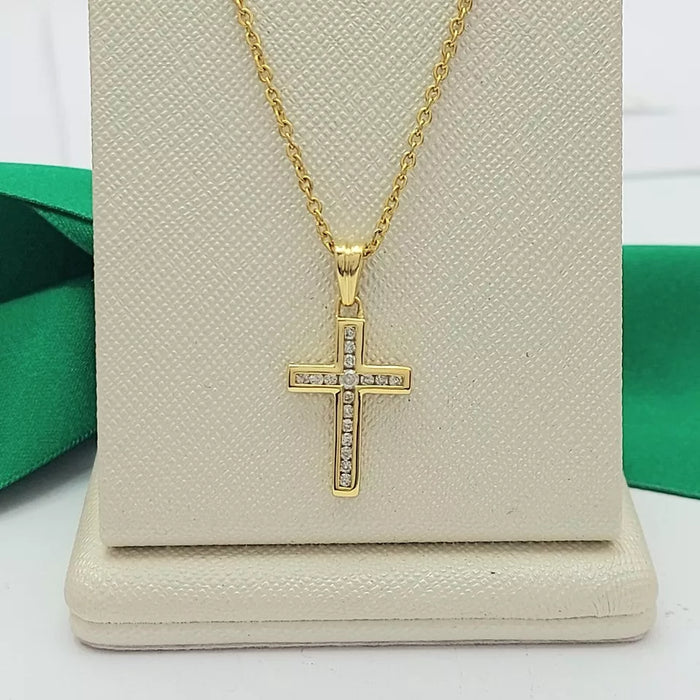 Ladies Yellow Gold (417, 10K) Channel-Set Natural Diamonds MHJ Cross Pendant
