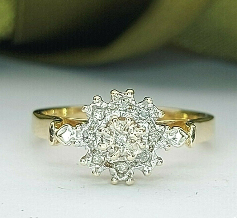 Ladies Ring 9ct (375, 9K) Real Yellow Gold Diamond Chip Dress Ring