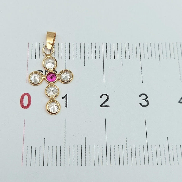 Ladies Yellow Gold 18ct (750, 18K) Diamantes and Created Ruby Cross Pendant