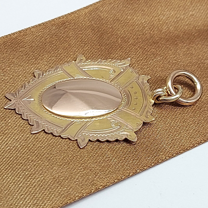 Unisex Pendant 9ct (375, 9K) Rose Gold Rare Antique Etched Shield Fob Pendant