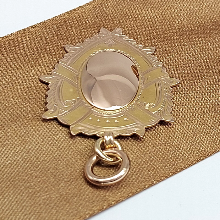 Unisex Pendant 9ct (375, 9K) Rose Gold Rare Antique Etched Shield Fob Pendant