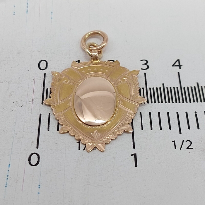 Unisex Pendant 9ct (375, 9K) Rose Gold Rare Antique Etched Shield Fob Pendant