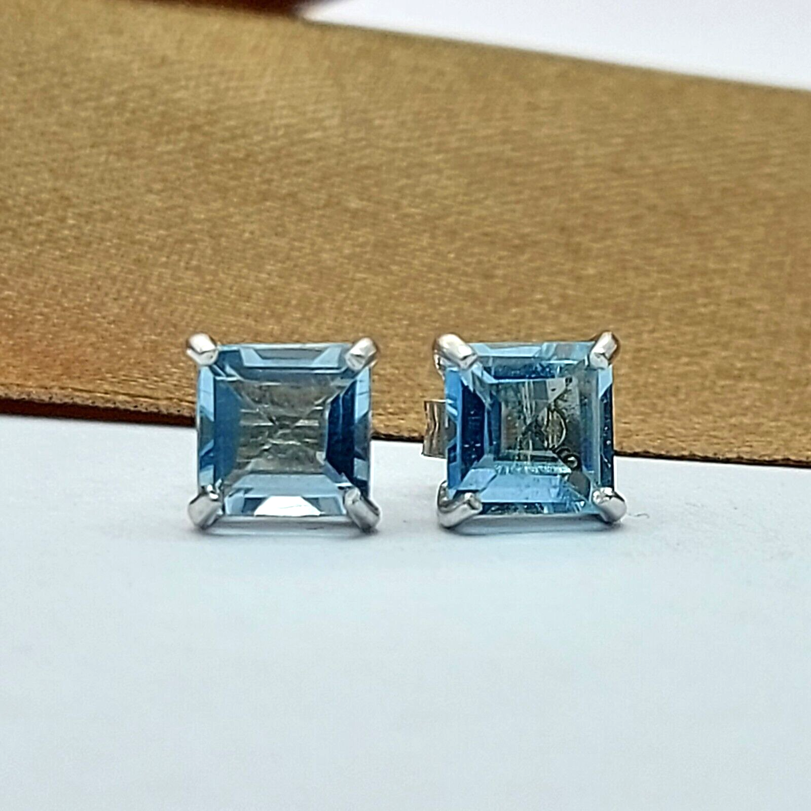 Ladies Sterling Silver Earrings (925) Square Cut Blue Created Aquamarine Studs