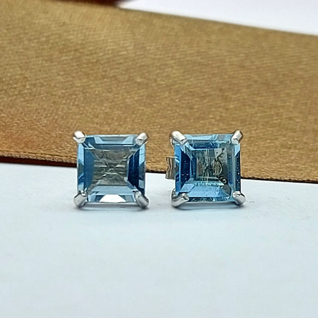 Ladies Sterling Silver Earrings (925) Square Cut Blue Created Aquamarine Studs