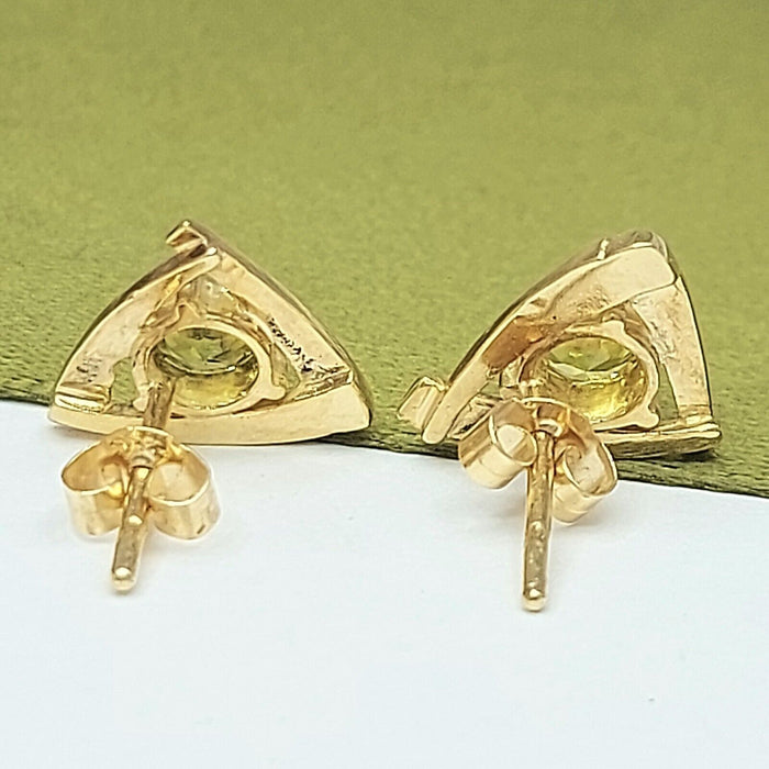Ladies Earrings Yellow Gold 9ct (375,9k) Solid Natural Peridot Triangle Studs