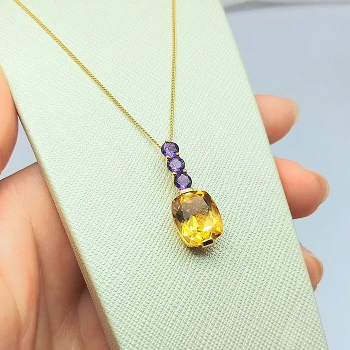 Ladies Necklace Yellow Gold 9ct (375,9K) Rare Natural Citrine & Amethyst Pendant