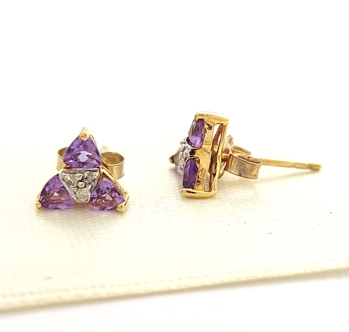 Ladies 10ct (417, 10K) Amethyst, Natural Diamond & Yellow Gold Stud Earrings