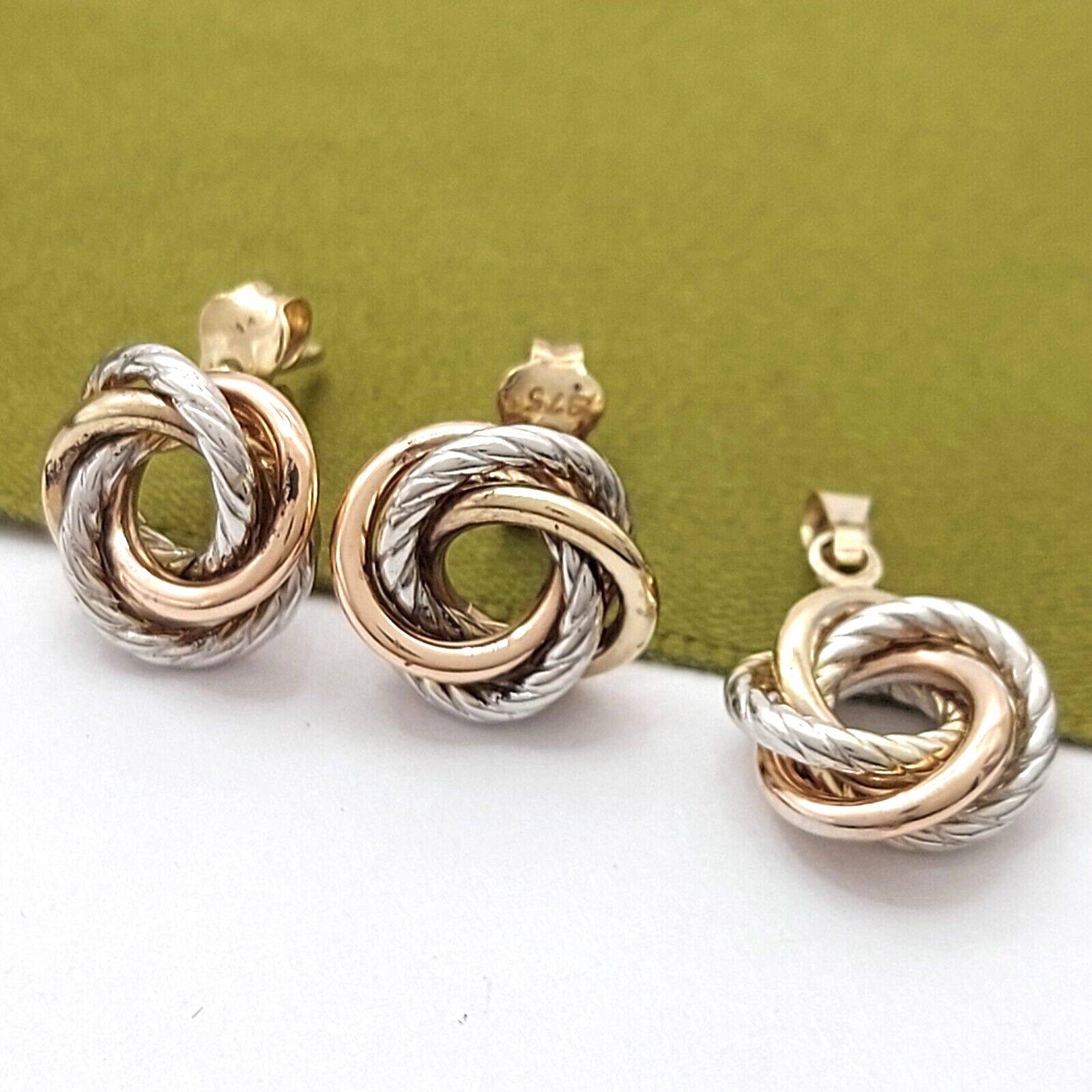 Ladies Jewellery Set 9ct Tri-Tone Gold Two Piece Pendant & Earrings Set