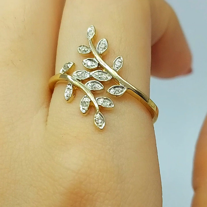 Ladies Yellow Gold 9ct (375, 9K) 14 Natural Diamond Chip Olive Branch Dress Ring