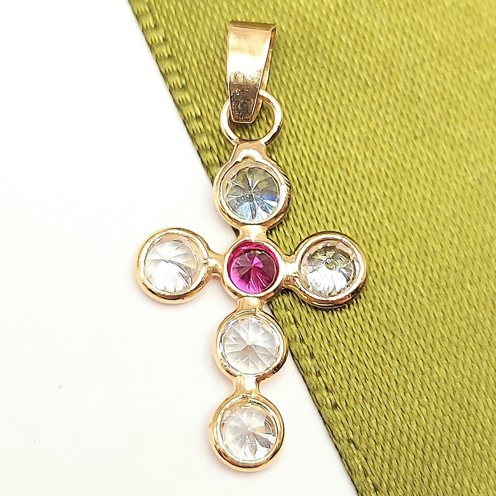 Ladies Yellow Gold 18ct (750, 18K) Diamantes and Created Ruby Cross Pendant