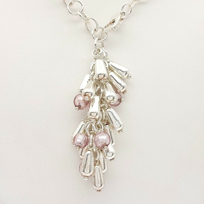 MHJ Ladies Necklace Sterling Silver(925) Circle Link & Droplets Pendant Necklace