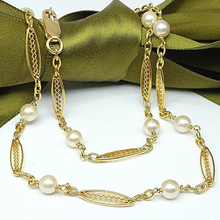 Ladies 18ct (750, 18K) High Quality Yellow Gold Natural Pearl Chain Necklace