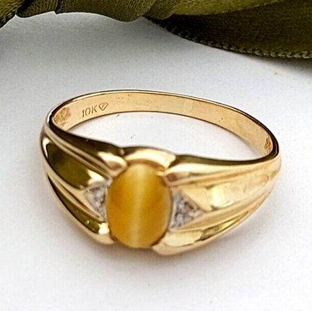 Unisex 10ct (417, 10K) Yellow Gold Light Tiger's Eye Stone & Diamond Chip Ring