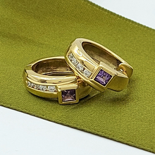 Load image into Gallery viewer, Ladies 9ct (375,9K) Real Solid Gold Amethyst 25pts Diamond Huggie Earrings
