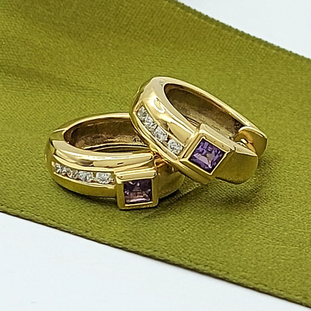 Ladies 9ct (375,9K) Real Solid Gold Amethyst 25pts Diamond Huggie Earrings