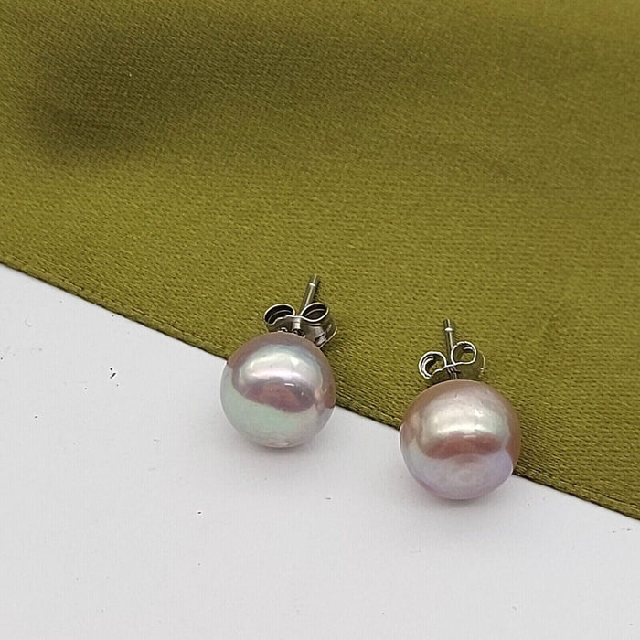 Ladies Silver (925) Silver Round Purple Pearl Stud Earrings