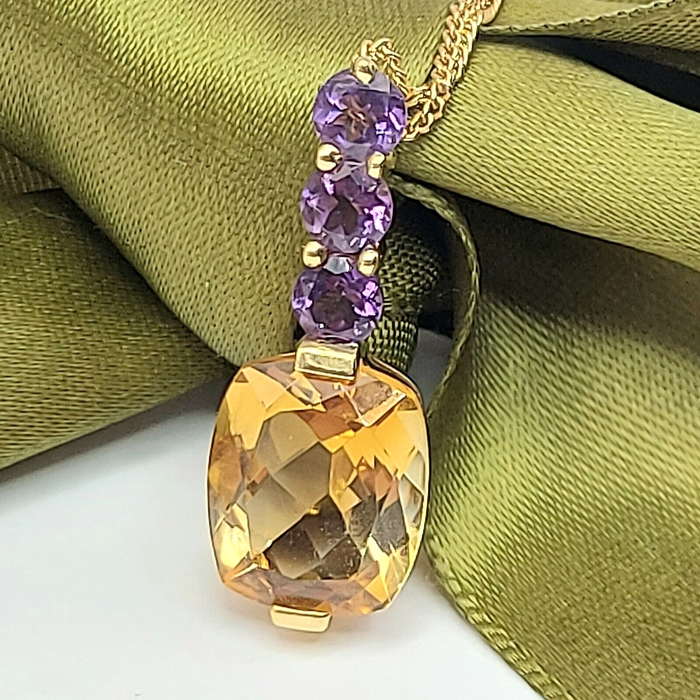 Ladies Necklace Yellow Gold 9ct (375,9K) Rare Natural Citrine & Amethyst Pendant