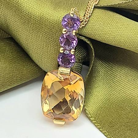 Ladies Necklace Yellow Gold 9ct (375,9K) Rare Natural Citrine & Amethyst Pendant