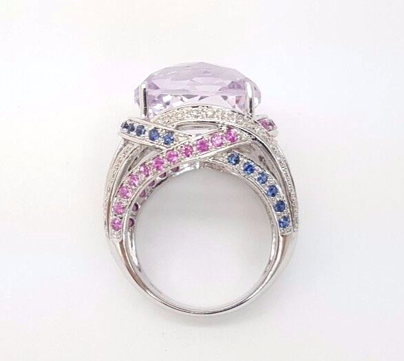 Ladies Ring 9ct (375, 9K) White Gold Amethyst, Created Sapphire & Diamond Ring