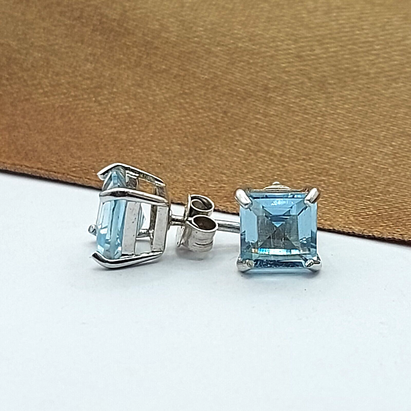 Ladies Sterling Silver Earrings (925) Square Cut Blue Created Aquamarine Studs