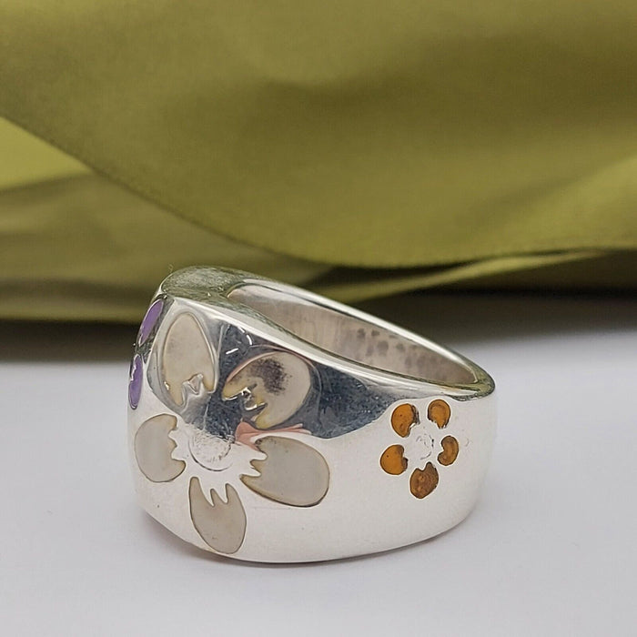Unisex Ring Silver (925) Thick Band Flower Dress Ring