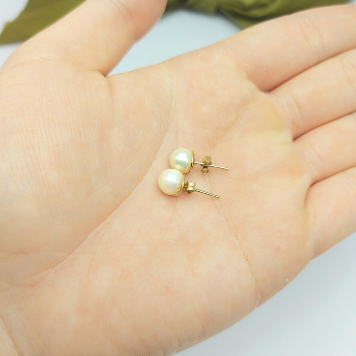 Ladies Earrings Yellow Gold 9ct (375,9k) Handmade Solitaire Natural Pearl Studs