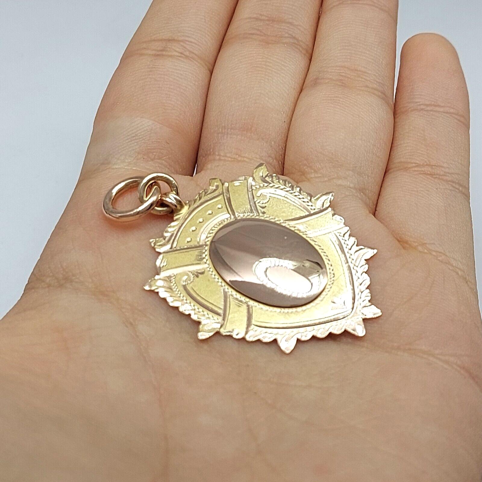 Unisex Pendant 9ct (375, 9K) Rose Gold Rare Antique Etched Shield Fob Pendant