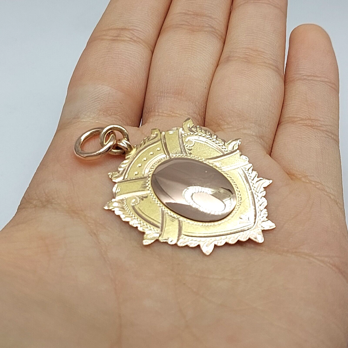 Unisex Pendant 9ct (375, 9K) Rose Gold Rare Antique Etched Shield Fob Pendant