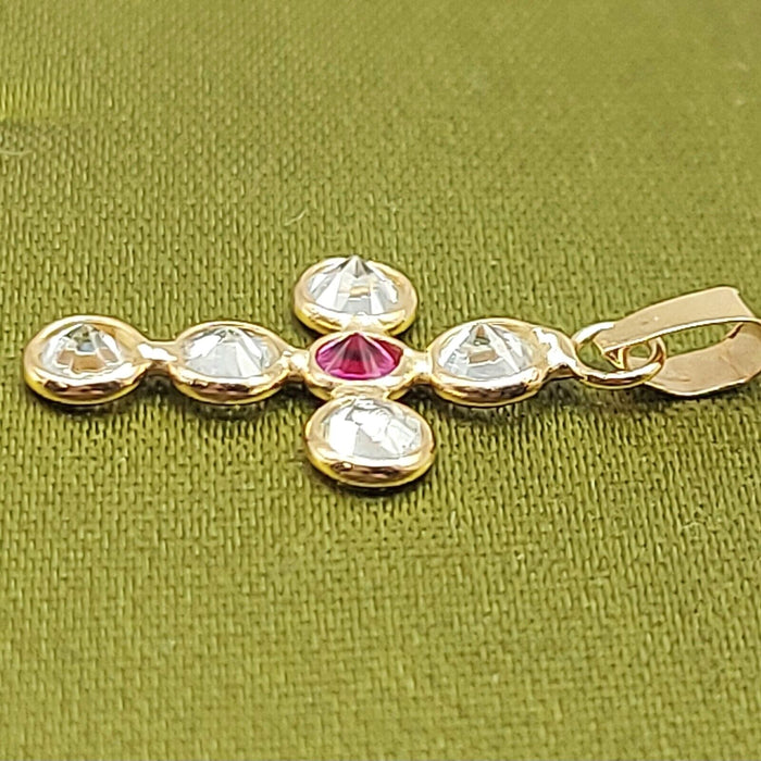 Ladies Yellow Gold 18ct (750, 18K) Diamantes and Created Ruby Cross Pendant