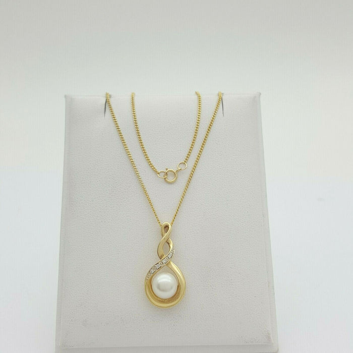 Ladies Necklace 9ct (375, 9K) Yellow Gold Natural Pearl & Diamond Swirl Necklace