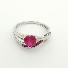 Load image into Gallery viewer, Ladies Ring 9ct (375,9K) White Gold Created Ruby &amp; Diamond Chip Heart Dress Ring
