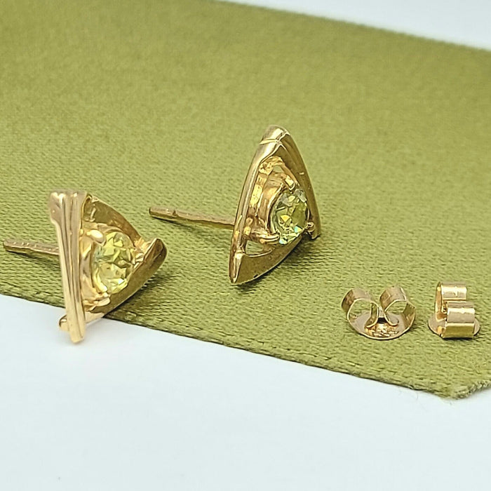 Ladies Earrings Yellow Gold 9ct (375,9k) Solid Natural Peridot Triangle Studs