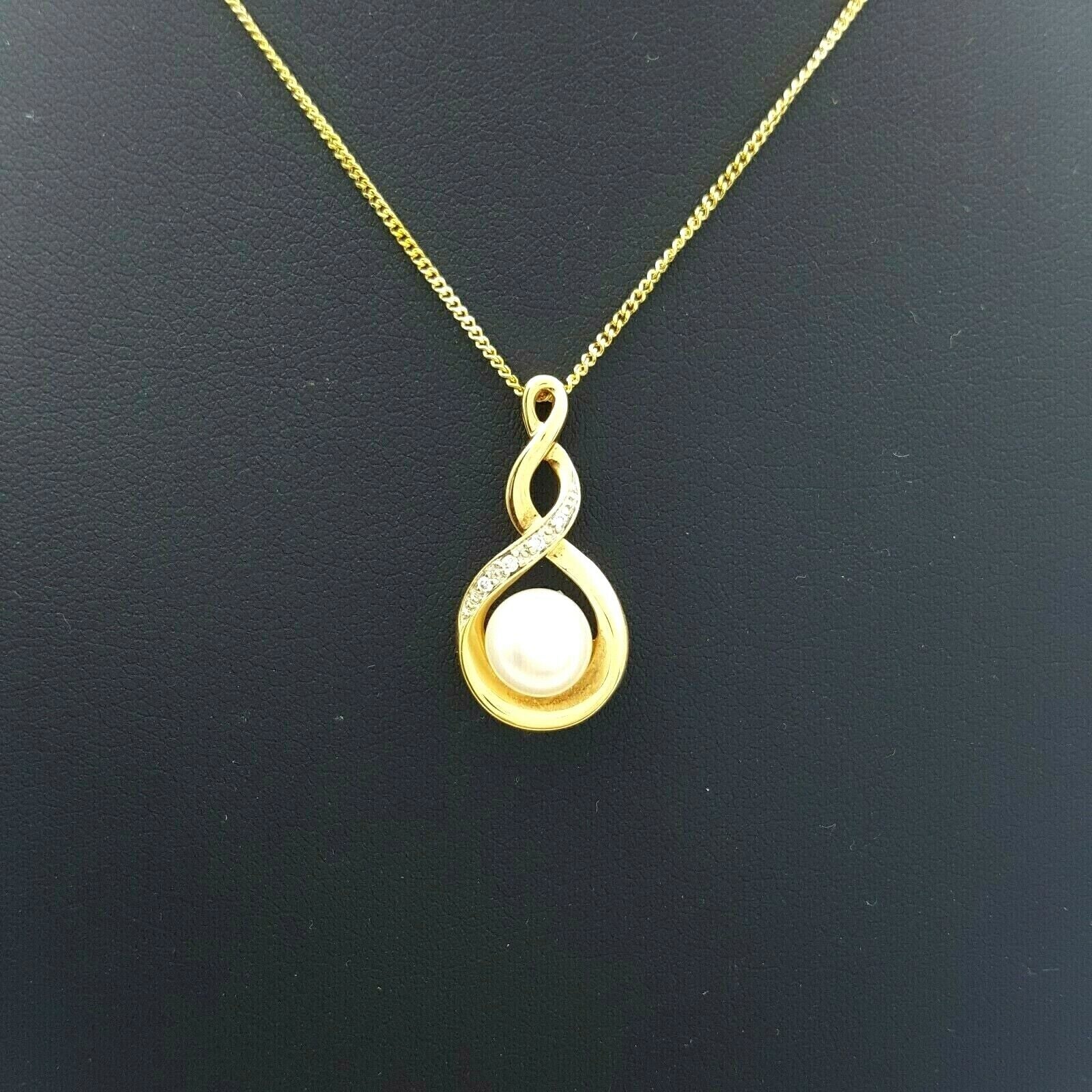 Ladies Necklace 9ct (375, 9K) Yellow Gold Natural Pearl & Diamond Swirl Necklace