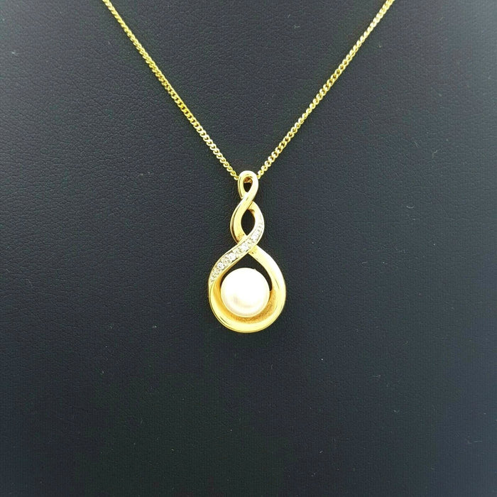 Ladies Necklace 9ct (375, 9K) Yellow Gold Natural Pearl & Diamond Swirl Necklace