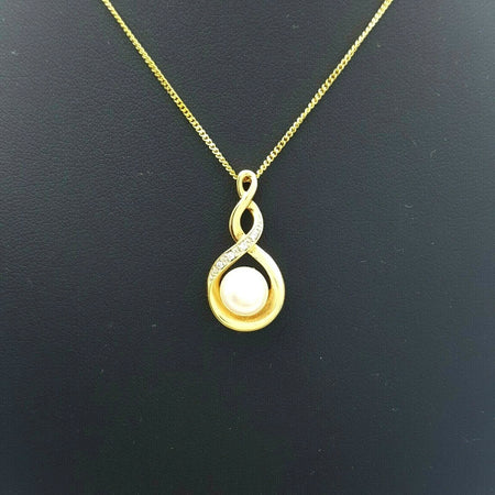 Ladies Necklace 9ct (375, 9K) Yellow Gold Natural Pearl & Diamond Swirl Necklace