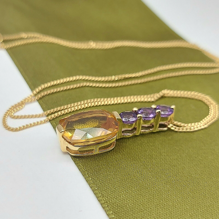 Ladies Necklace Yellow Gold 9ct (375,9K) Rare Natural Citrine & Amethyst Pendant