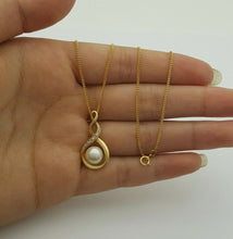 Load image into Gallery viewer, Ladies Necklace 9ct (375, 9K) Yellow Gold Natural Pearl &amp; Diamond Swirl Necklace
