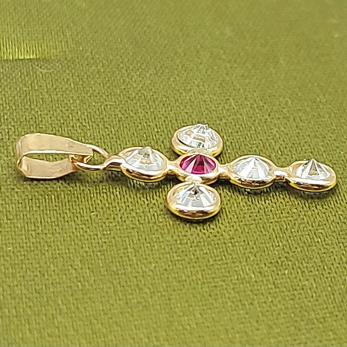 Ladies Yellow Gold 18ct (750, 18K) Diamantes and Created Ruby Cross Pendant