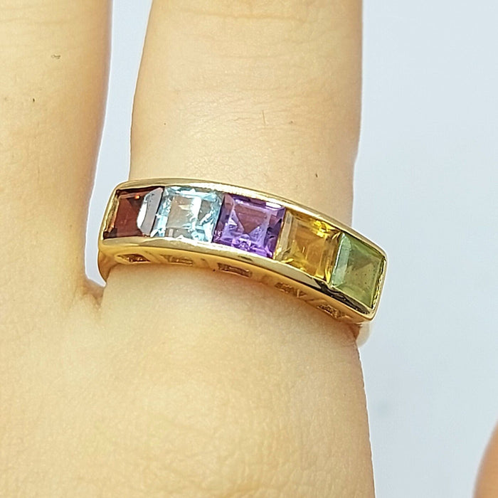 Ladies Yellow Gold 9ct (375, 9K) Multicolored Channel-Set Gemstone Stacker Ring