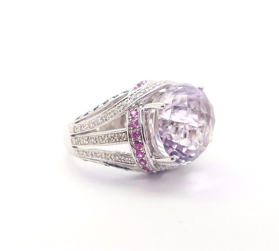 Ladies Ring 9ct (375, 9K) White Gold Amethyst, Created Sapphire & Diamond Ring