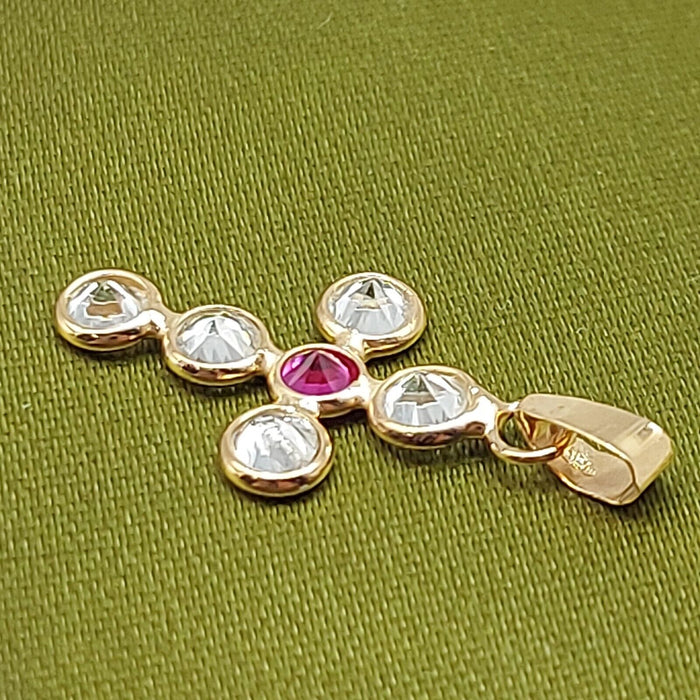 Ladies Yellow Gold 18ct (750, 18K) Diamantes and Created Ruby Cross Pendant