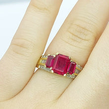 Load image into Gallery viewer, Ladies Ring 9ct (375, 9K) Yellow Gold Created Ruby &amp; Diamond (25pts) Dress Ring
