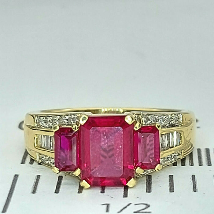 Ladies Ring 9ct (375, 9K) Yellow Gold Created Ruby & Diamond (25pts) Dress Ring