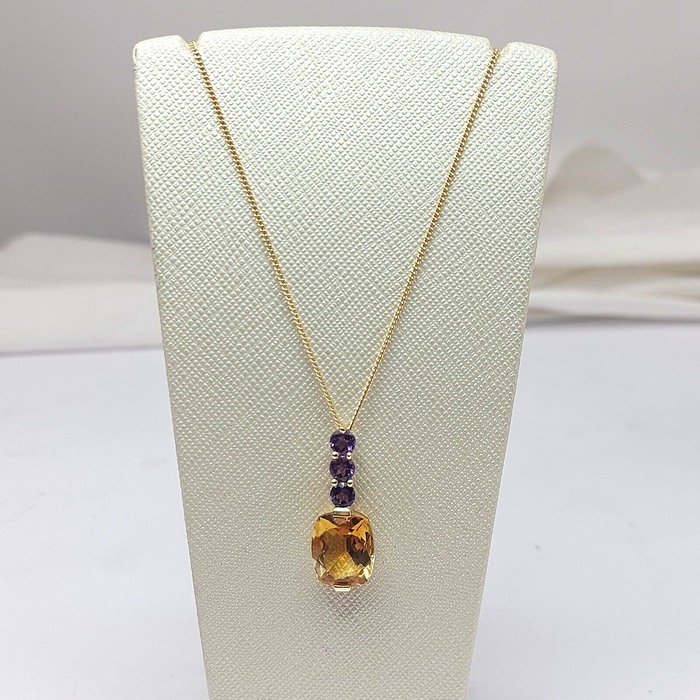 Ladies Necklace Yellow Gold 9ct (375,9K) Rare Natural Citrine & Amethyst Pendant
