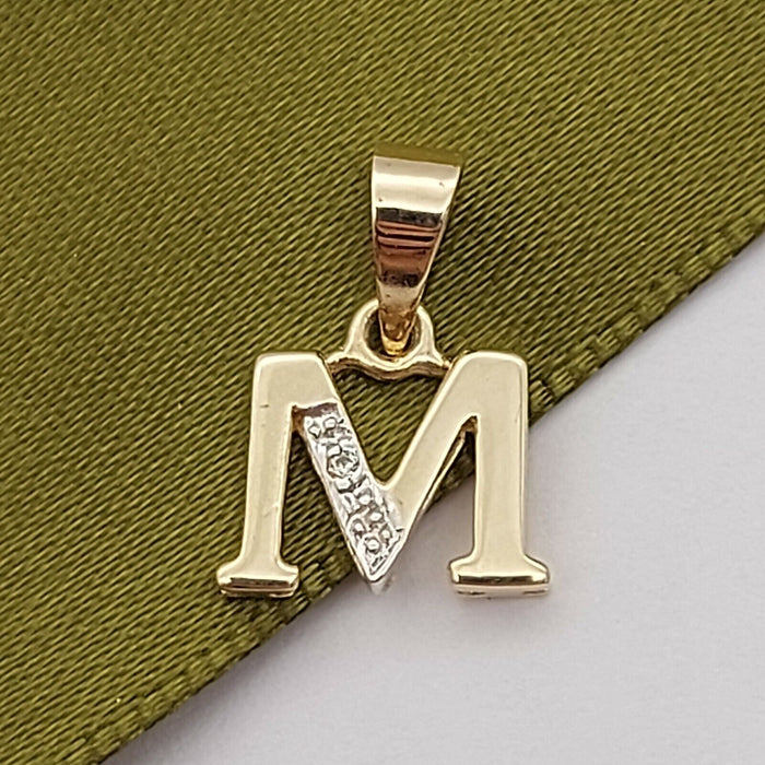 Ladies Pendant 9ct (375, 9K) Yellow Gold 'M' Diamond Chip Pendant