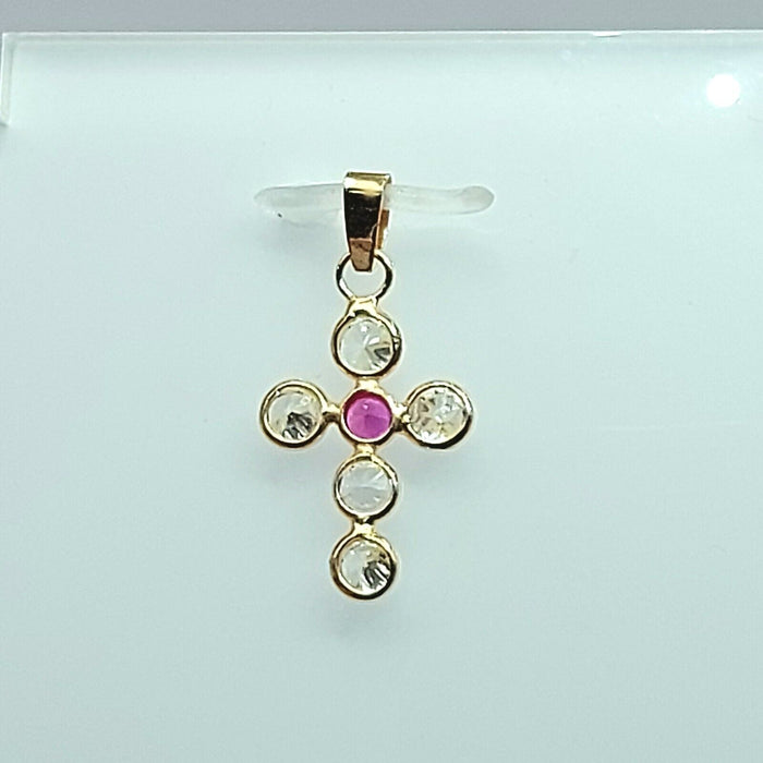 Ladies Yellow Gold 18ct (750, 18K) Diamantes and Created Ruby Cross Pendant