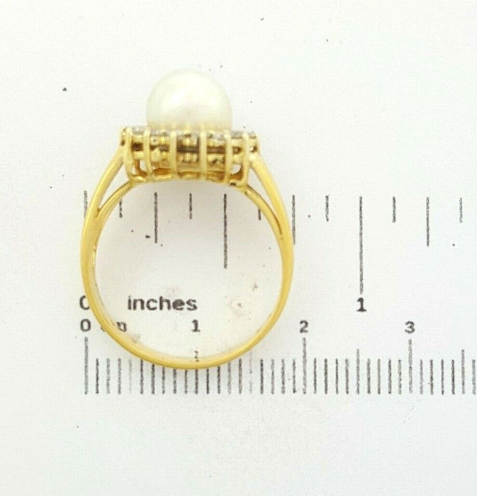 Ladies Ring 14ct (585, 14K) Yellow Gold Natural Pearl & (0.57ct) Diamond Ring