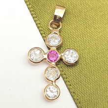 Load image into Gallery viewer, Ladies Yellow Gold 18ct (750, 18K) Diamantes and Created Ruby Cross Pendant

